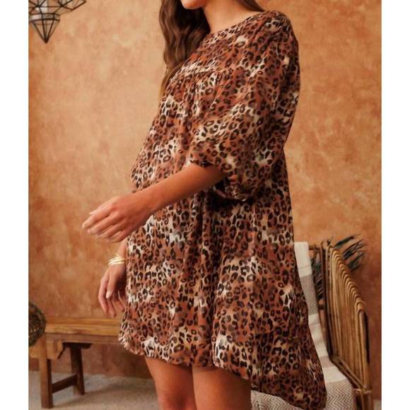 NEW ODDI leopard print round neck dress in brown - Picture 5 of 5